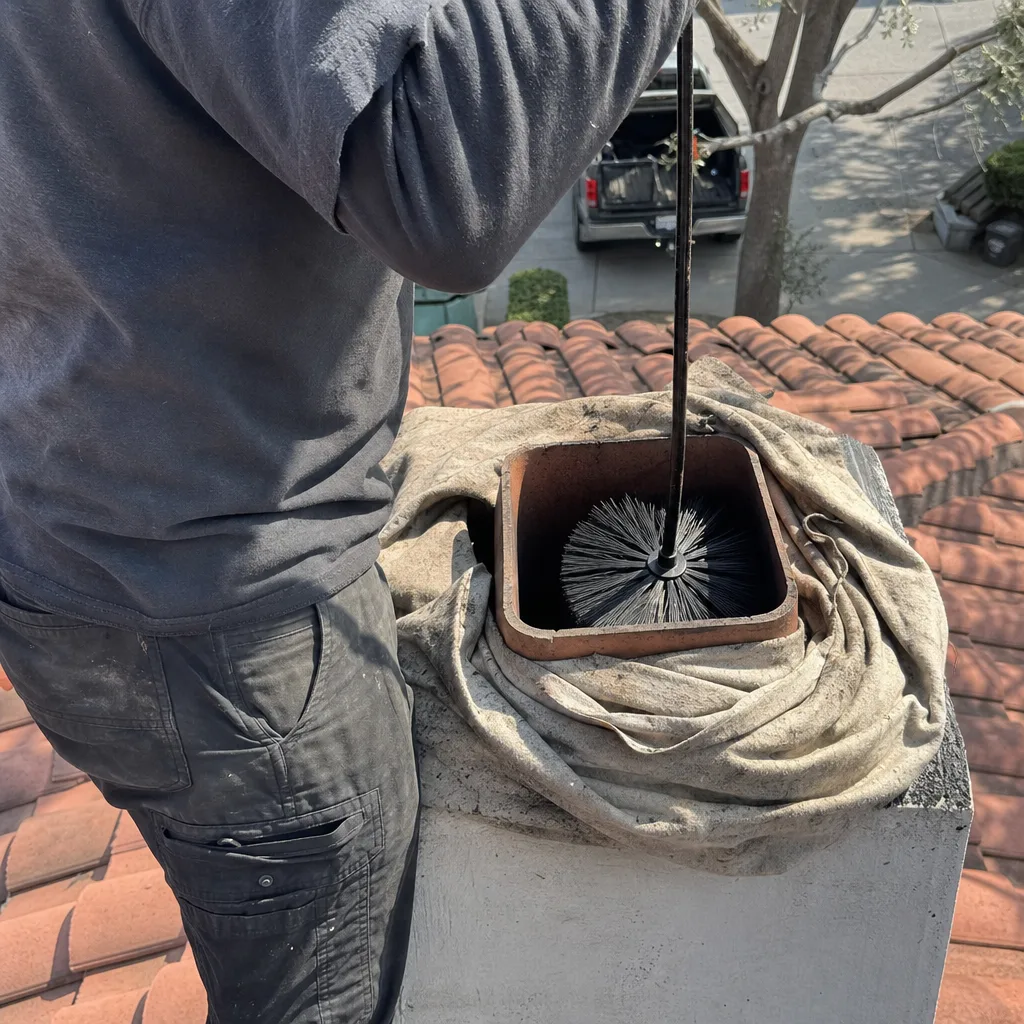 Professional chimney sweep cleaning a fireplace flue from the roof