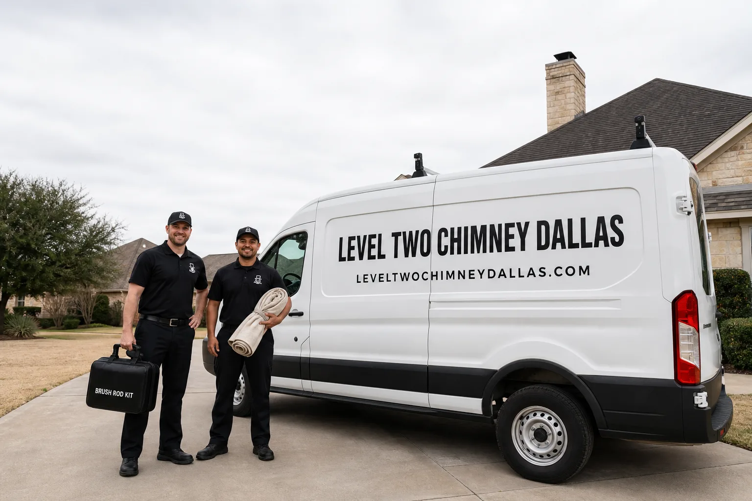 Level Two Chimney Dallas chimney cleaning service vehicle and crew in Dallas, TX
